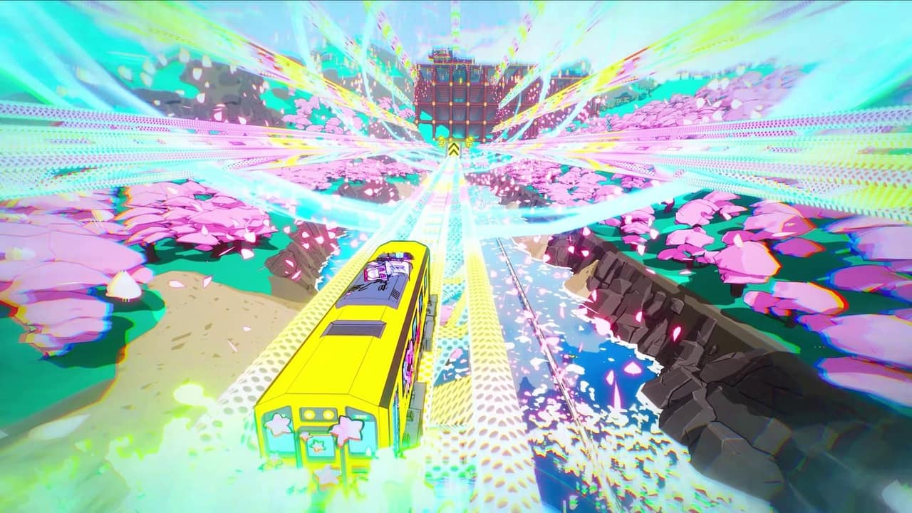 A gravity-defying train performing a trick in Denshattack!